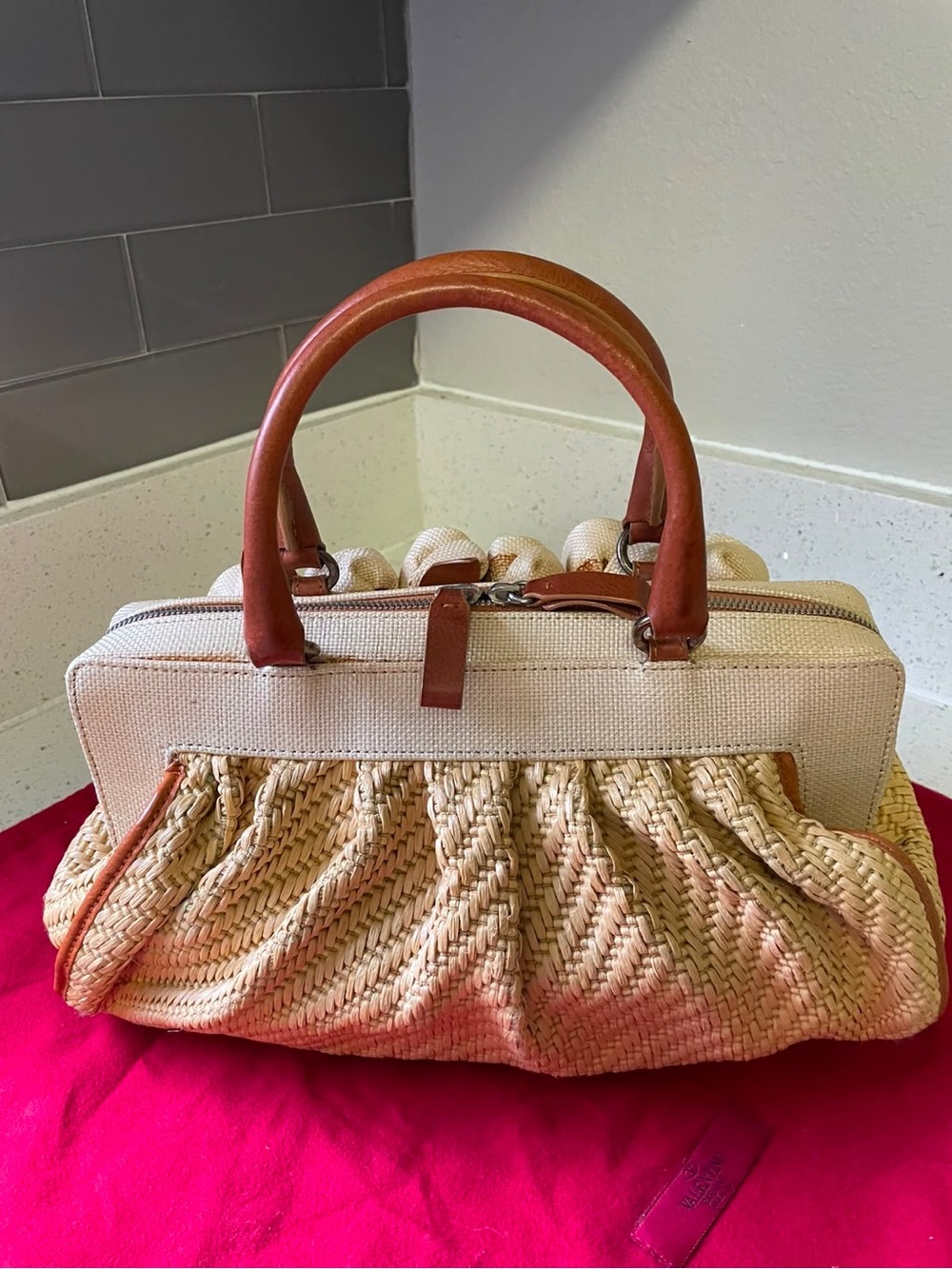 Valentino Garavani Neutral Straw and Tan Leather Satchel - Picture 7 of 7